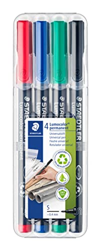 STAEDTLER permanent Marker Lumocolor, Superfein, ca. 0,4 mm, wisch- und wasserfest, Made in Germany, nachfüllbar, lange Lebensdauer, 4 Universalstifte in sortierten Farben, 313 WP4 im Sale